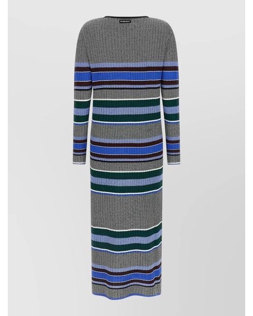 Pinko Blue Ribbed Striped V-Neck Long-Sleeve Maxi Knit Dress