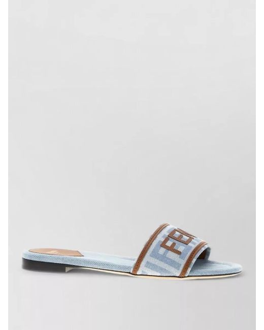 Fendi White Denim Logo-Print Slide Sandals