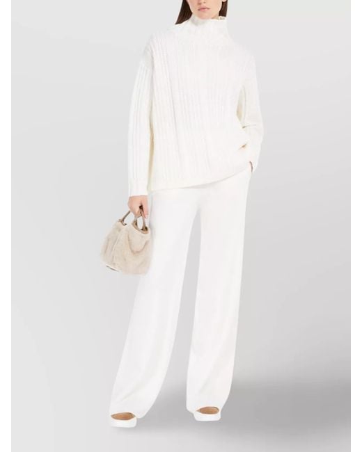 Max Mara White Cashmere Wool Oversized Ribbed Turtleneck Sweater