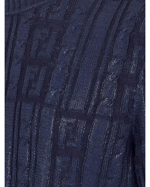 Fendi Blue Wool Ribbed Crew-Neck Long-Sleeve Jumper for men