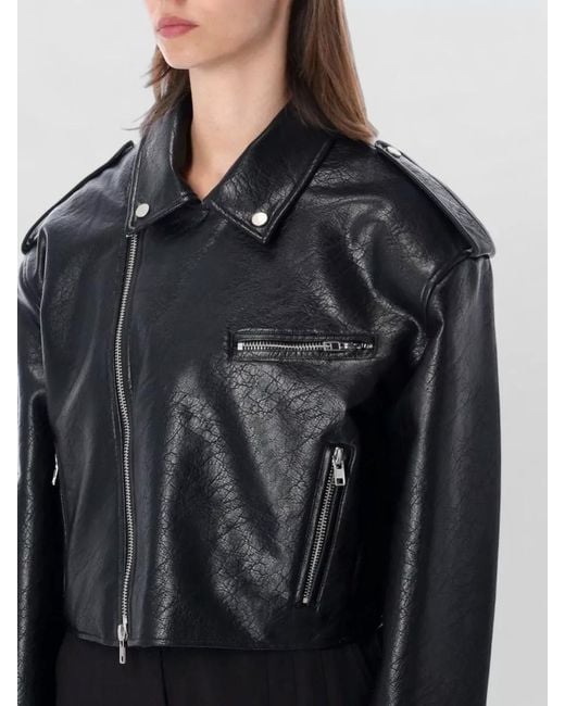 Frankie Shop Black Daphne Cropped Biker Jacket Long Sleeves