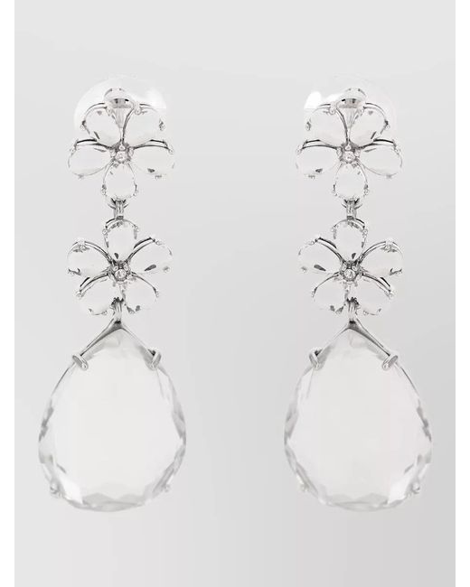 Self-Portrait White Crystal Flower Tiered Teardrop Shape Earrings