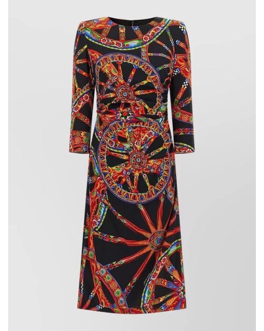 Dolce & Gabbana Red Carretto Dress Floral Geometric Long Sleeve Belt