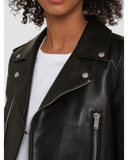 Saint Laurent Black Cropped Leather Biker Jacket Tailored Fit