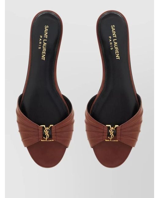 Saint Laurent Brown Babylone Leather Mules Flat Sole Cassandre