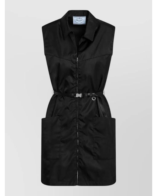 Prada Black Belted Waist Sleeveless Dress Front Pockets