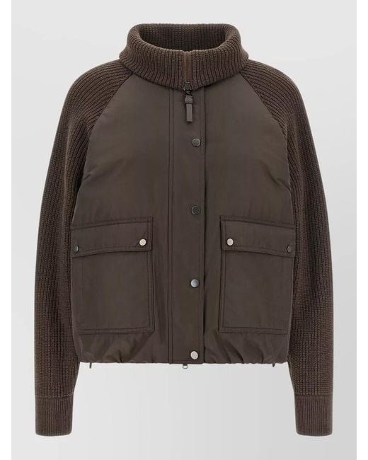 Brunello Cucinelli Brown Cropped Boxy Down Jacket Knit Sleeves