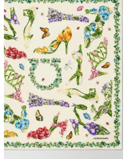 Ferragamo Green Silk Square Foulard Floral Shoes Motif