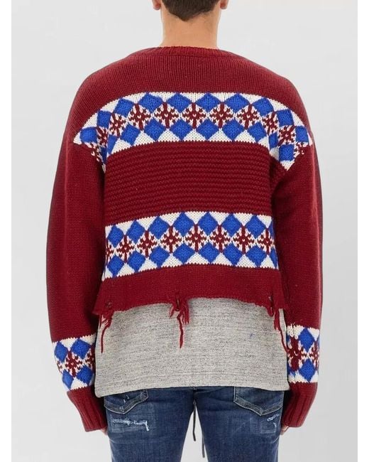 DSquared² Red Argyle Jacquard Knit Crew Neck Sweater for men