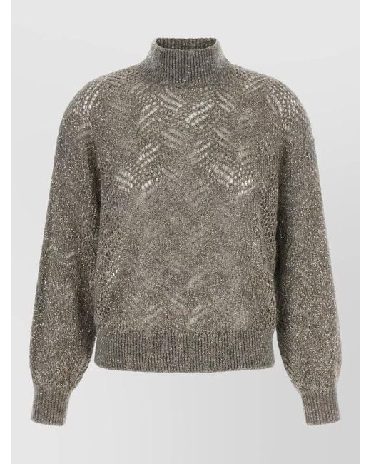 Brunello Cucinelli Gray Abstract Leaf Sequin Mohair Turtleneck Sweater