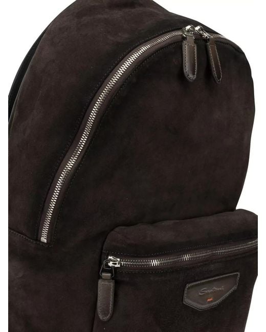 Santoni Black Suede Backpack Adjustable Straps Top Handle for men