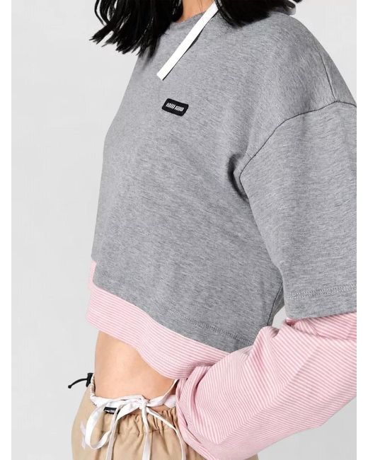 Miu Miu Gray Jersey Cropped Long Sleeve Layered Top