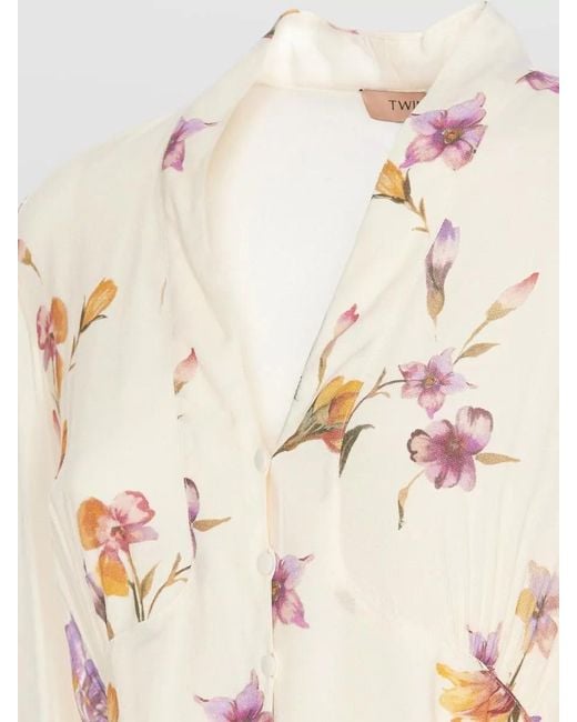 Twinset Natural Floral-Print V-Neck Long-Sleeve Midi Dress