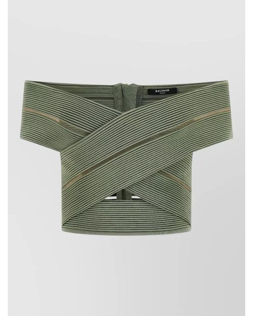 Balmain Green Off Shoulder Ribbed Cropped Knit Top