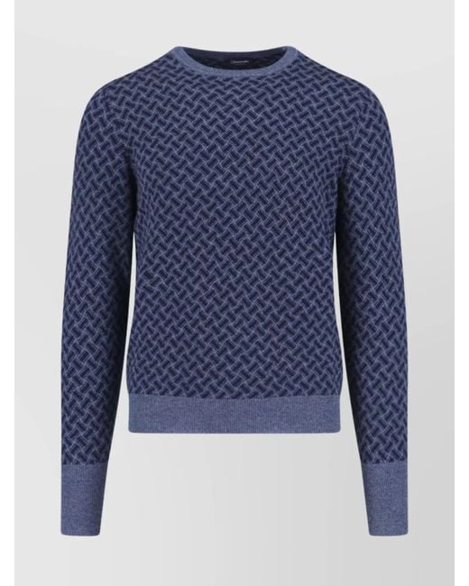 Drumohr Blue Cashmere Herringbone Crewneck Jumper for men