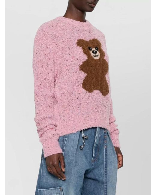 Moschino Pink Cropped Crew Neck Knit Sweater Bear Motif