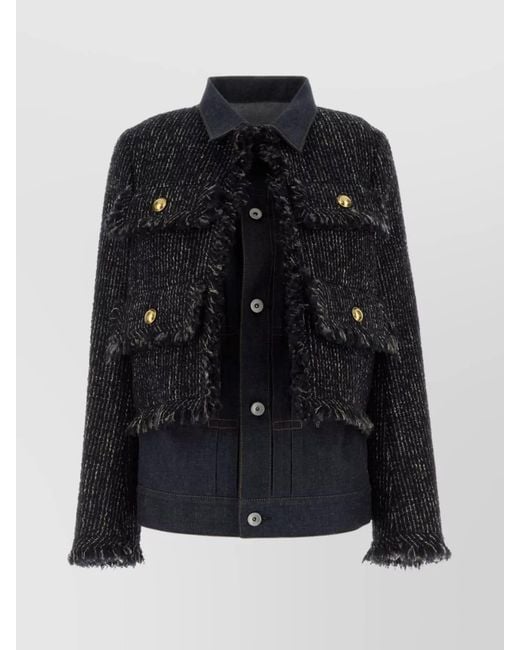 Sacai Black Denim Jacket Featuring Frayed Edges And Pockets