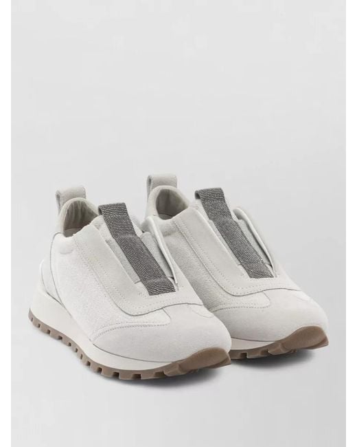 Brunello Cucinelli White Suede And Canvas Slip-On Sneakers