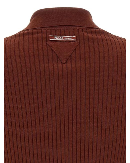 Prada Brown Stretch Cotton Polo Ribbed Knit Shirt