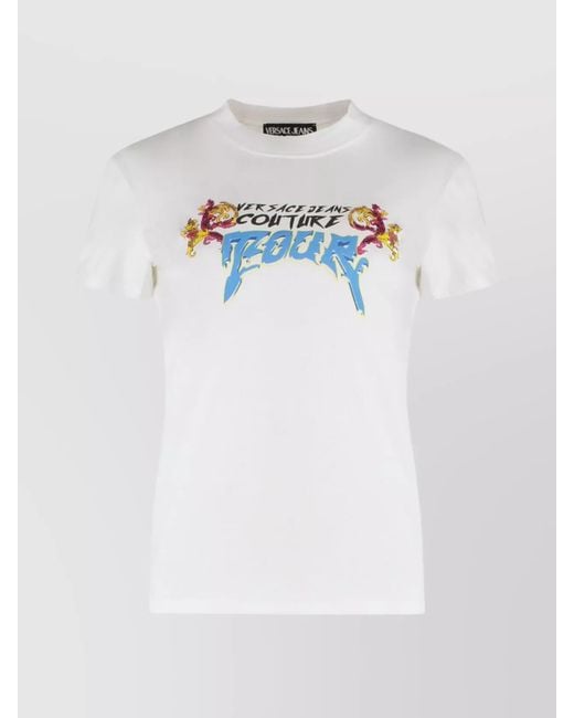 Versace Jeans Couture White Ribbed Sequin Embellished Logo Print T-Shirt