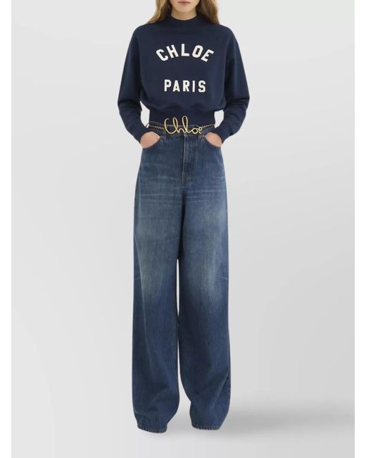 Chloé Blue Cotton Mock-Neck Cropped Sweatshirt