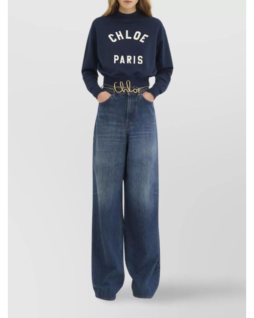 Chloé Blue Cotton Mock-Neck Cropped Sweatshirt