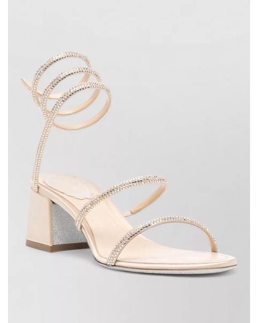 Rene Caovilla Natural Block Heel Sandals Open Toe Ankle Wrap
