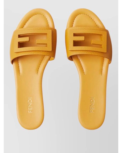Fendi Yellow Leather Ff Baguette Motif Slide Sandals