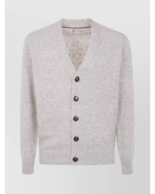 Brunello Cucinelli White V-Neck Cardigan With Ribbed Cuffs for men