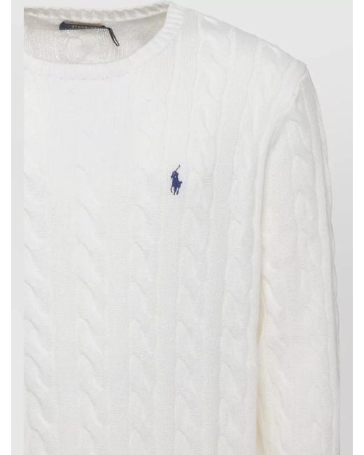 Ralph Lauren White Braided Cable Knit Crew Neck Sweater for men