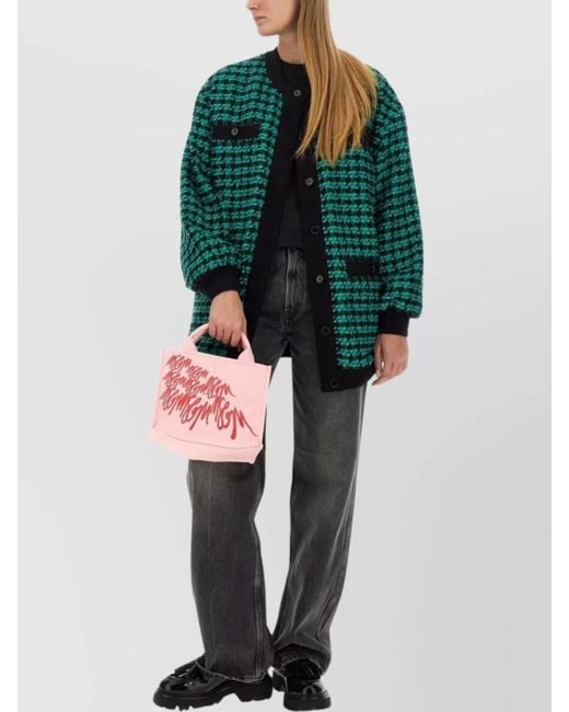 MSGM Green Houndstooth Tweed Oversize Longline Jacket