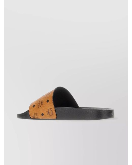 MCM Brown Canvas Slippers Logoed Plate