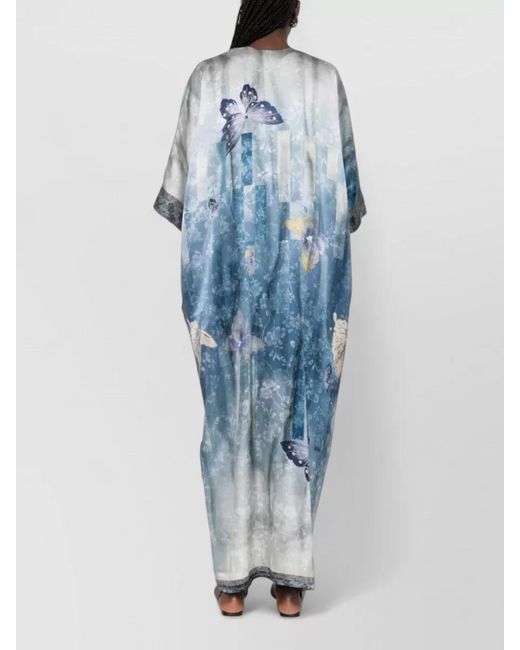 Pierre Louis Mascia Blue Silk Butterfly-Print V-Neck Short-Sleeve Maxi Dress