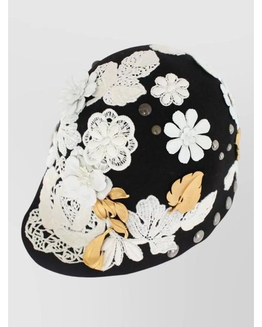 Dolce & Gabbana Black Wool Floral-Embroidered Studded Hat