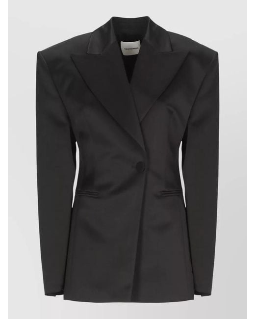 ANDAMANE Black Satin Blazer Padded Shoulders Long Sleeves