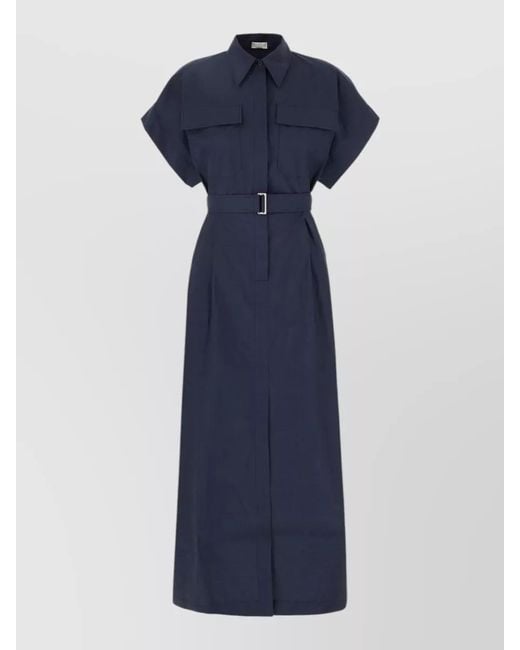 Brunello Cucinelli Blue Belted Waist Dress Short Sleeves Pockets