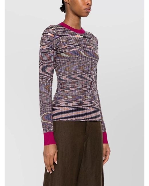 Missoni Purple Cashmere Silk Ribbed Abstract-Print Knitted Sweater