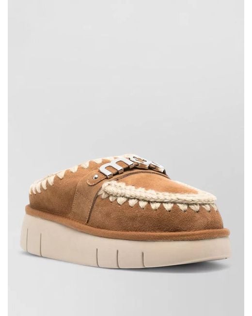 Mou Brown Slippers Embroidered Trim Flat Sole Round Toe
