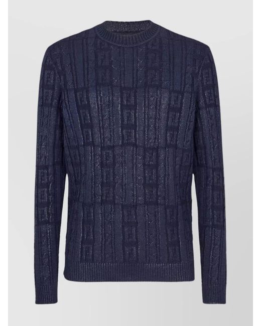 Fendi Blue Wool Ribbed Crew-Neck Long-Sleeve Jumper for men