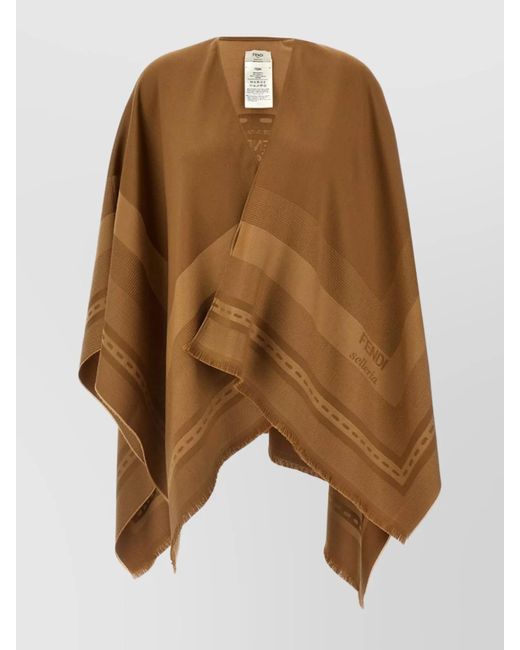 Fendi Brown Fringed Edges Patterned Jacquard Poncho