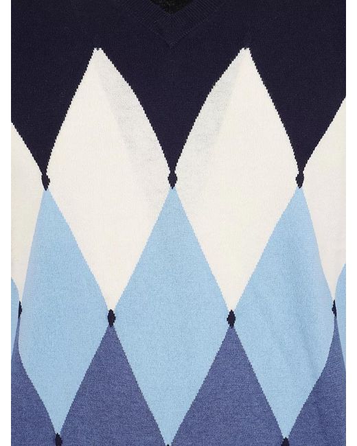 Ballantyne Blue V Neck Argyle Knit Long Sleeve Sweater for men