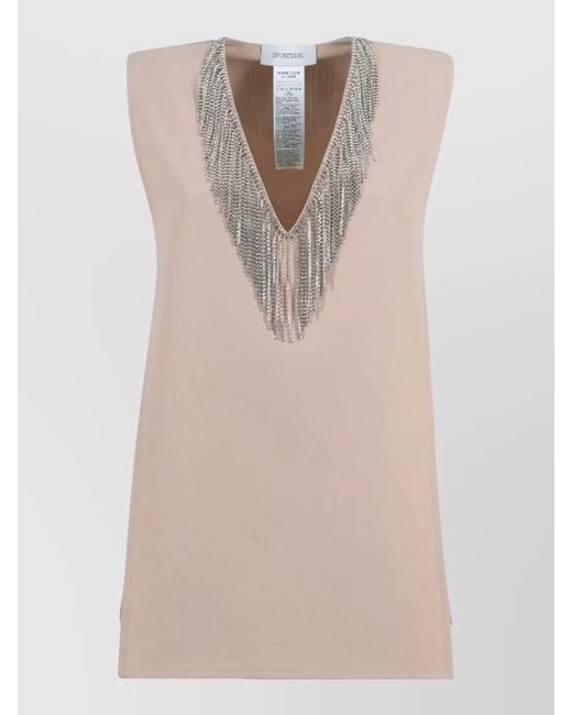 Sportmax Natural Sleeveless Top Rhinestone Fringe V Neck