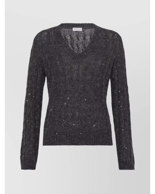 Brunello Cucinelli Blue Mohair Cable Knit V-Neck Sweater