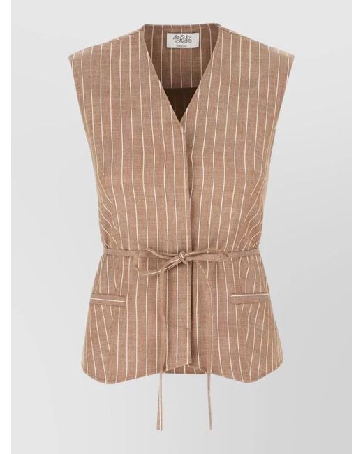 LE SULLY STUDIO Natural Striped Sleeveless Jacket Gilet Belted Waist
