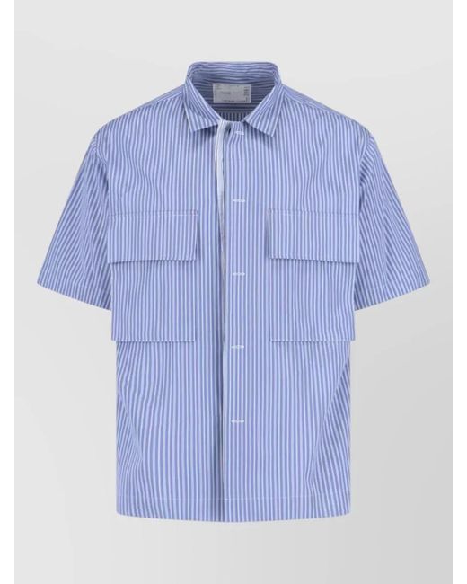 Sacai Blue Striped Cotton Short-Sleeve Shirt for men