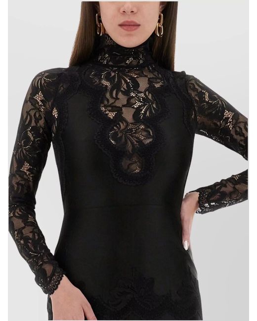 Rabanne Black Sheer Lace Detailing High Neckline Dress