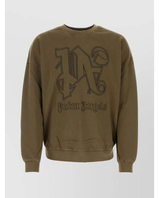 Palm Angels Green Ribbed Crew Neck Cotton Sweatshirt for men