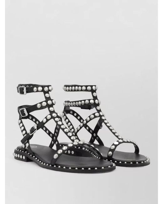 Ash Metallic Ankle Strap Sandals Flat Sole Studs
