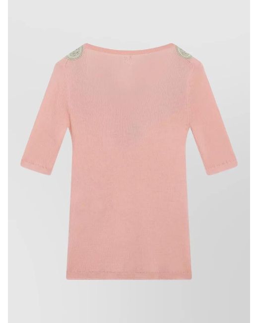Chloé Pink Knit Top 34 Sleeves Embroidered Neckline Ribbed