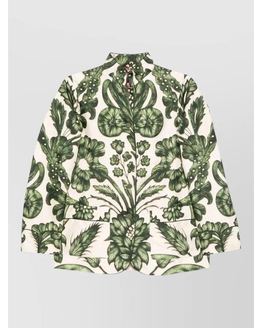 F.R.S For Restless Sleepers Green Silk Shirt Floral Pattern Front Pockets
